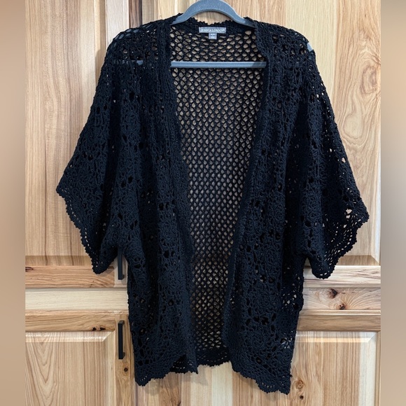 Jessica London Sweaters - Jessica London Black Crochet Knit Open-Front Short Sleeve Cardigan Size 18/20